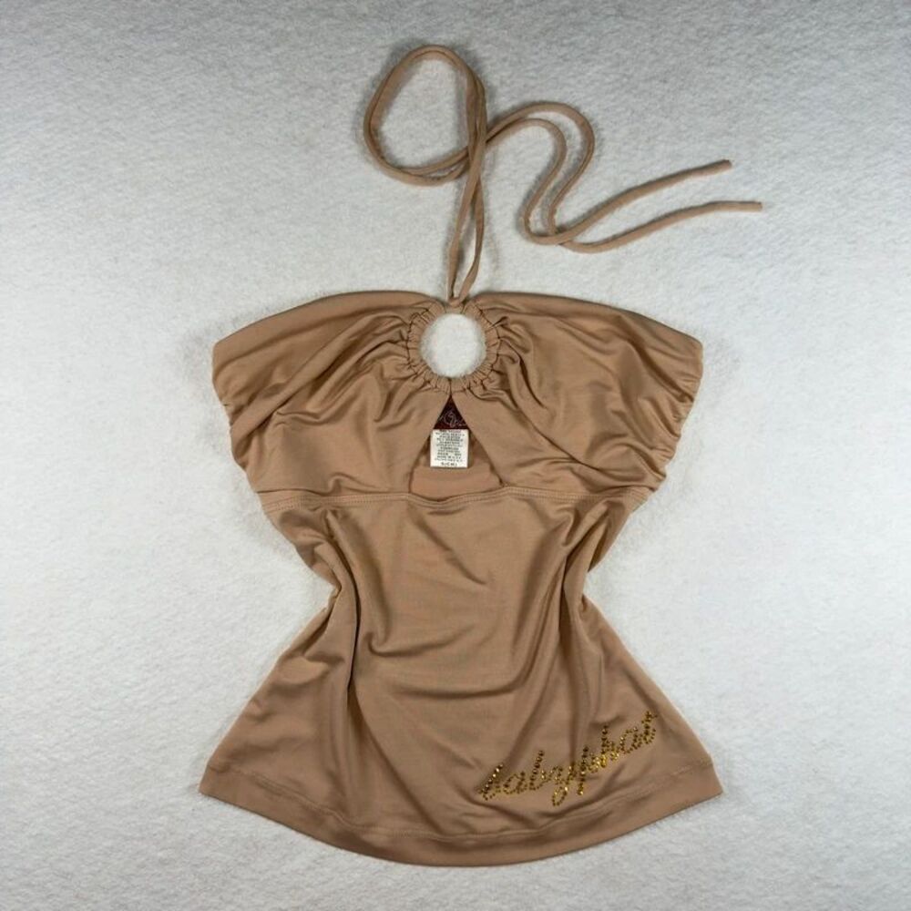 Baby Phat Tan Halter Top with Rhinestone Logo – Size S | Y2K